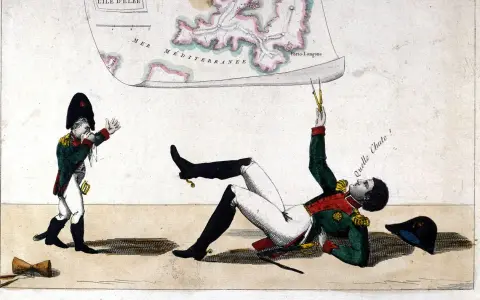 Napoleon na Elbie, upadając, trzyma cyrkiel. Obok niego mniejsza postać w mundurze.