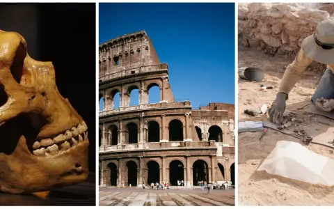 Czaszka hominida, Koloseum i archeolog przy pracy – przykłady najważniejszych odkryć archeologicznych na świecie.