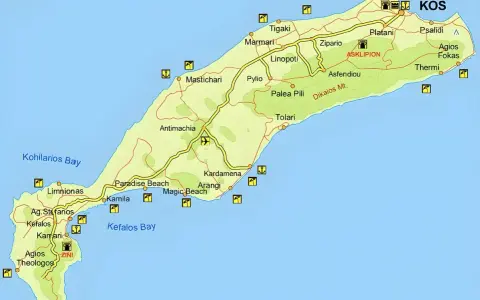 Mapa wyspy Kos z zaznaczonymi miejscowościami, plażami i zabytkami.