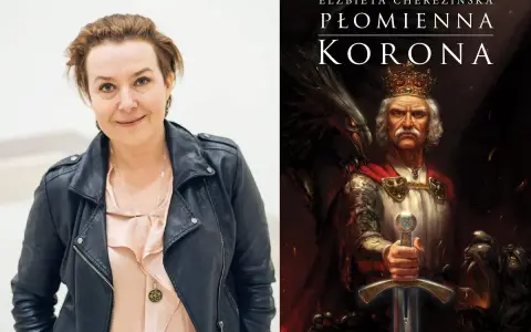 Elżbieta Cherezińska, autorka "Płomiennej Korony", obok wizerunku króla, który mógłby być polską królową wikingów.