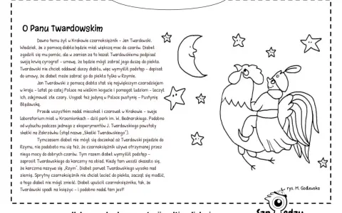 Krakowska legenda o Panu Twardowskim, czarnoksiężniku, który zawarł pakt z diabłem. Ilustracja przedstawia koguta i księżyc.