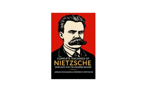 Okładka książki z portretem Nietzschego. "Complete Teachings of Nietzsche Simplified for the Modern Reader" - Nietzsche filozofia w skrócie.