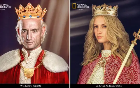 Anna Jagiellonka uroda. Królowa Jadwiga Andegaweńska z mieczem i Władysław Jagiełło w koronach.