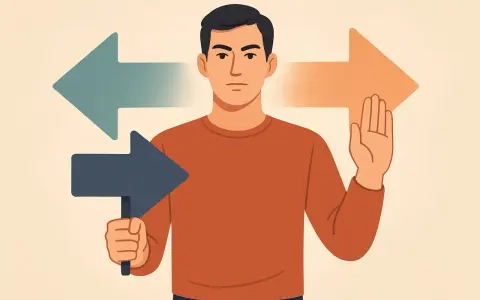 Mężczyzna z ręką uniesioną w geście "stop" i strzałkami symbolizującymi wybór. Podkreśla to autonomię człowieka w podejmowaniu decyzji.