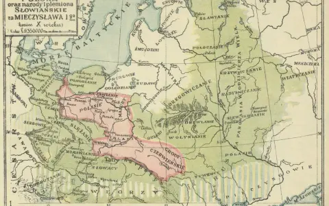 Mapa z X wieku, ukazująca państwo polskie za panowania Mieszka I. W którym wieku powstało państwo polskie? Na mapie widoczne są plemiona słowiańskie.