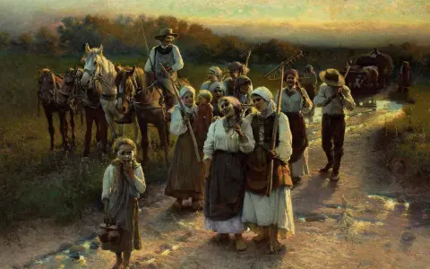 Grupa chłopów pańszczyźnianych wraca z pola. Widać konie, wozy i narzędzia rolnicze.