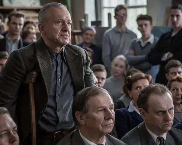 Mężczyzna z laską przemawia do grupy ludzi. Scena z filmów o artystach, gdzie dyskusja o sztuce jest równie ważna jak samo tworzenie.