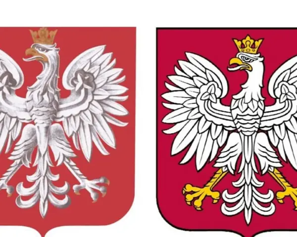 Dwa godła Polski: starsze, bardziej stylizowane, obok nowszego, z wyraźniejszymi konturami i złotymi szponami.