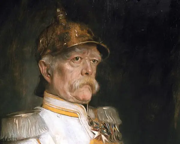Portret wojskowy przedstawiający Ottona von Bismarcka w mundurze z odznaczeniami. Kim był Otto von Bismarck? Żelazny Kanclerz, zjednoczył Niemcy.