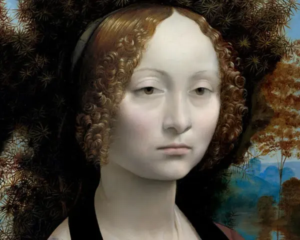 Portret kobiety z kręconymi włosami, jeden z znanych portretów w malarstwie. Tło tworzy ciemny gąszcz i krajobraz z rzeką.