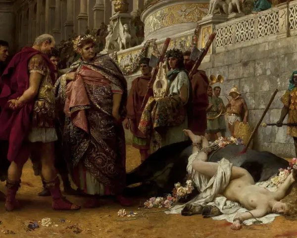 Scena z antycznego Rzymu, gdzie młoda kobieta leży obok byka, otoczona przez ludzi w togach i zbrojach. Jeden z znanych obrazów.