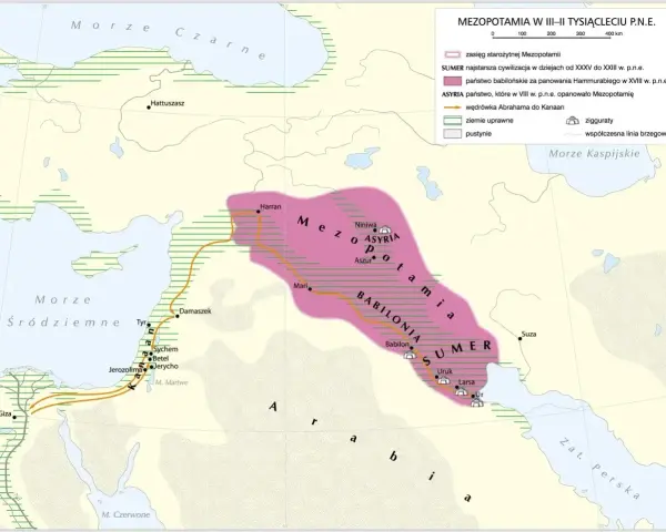 Mapa Mezopotamii, ukazująca Sumer – najstarszą cywilizację, oraz szlak wędrówki Abrahama.
