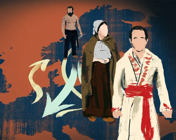 Ilustracja przedstawia migracje ludów indoeuropejskich przez Europę, z zaznaczonymi postaciami i strzałkami wskazującymi kierunki wędrówek.