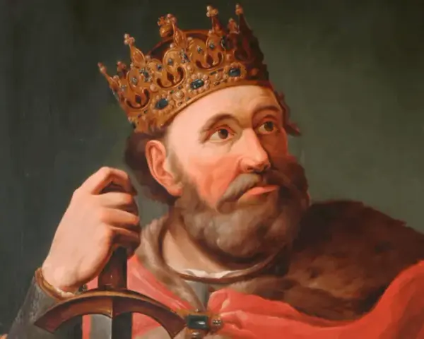 Portret Bolesława Chrobrego w koronie i z mieczem. To właśnie on, co zrobił Bolesław Chrobry, umocnił państwo polskie.