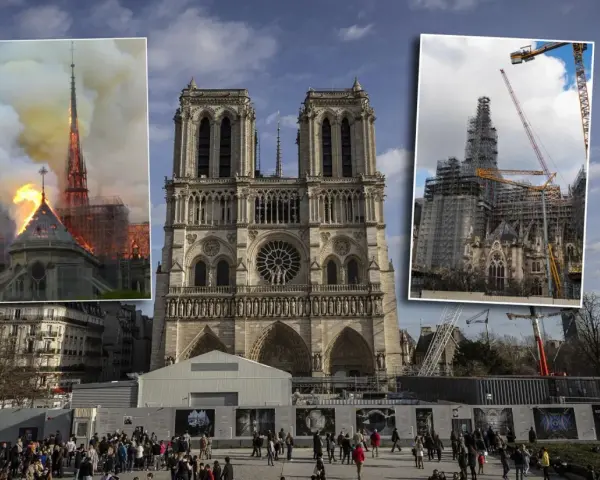 Notre Dame przed i po pożarze: płonąca iglica i odbudowa z rusztowaniami.