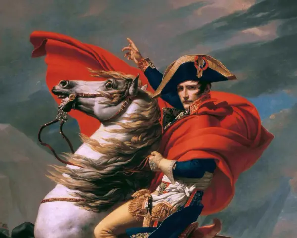 Napoleon na białym koniu, w czerwonej pelerynie, wskazuje drogę. To jedno z wielu dzieł sztuki przykłady ukazujących potęgę.