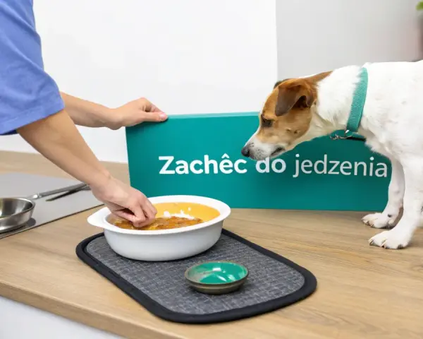 Piesek czeka na jedzenie, a na zielonym znaku widnieje napis "Zachęć do jedzenia".