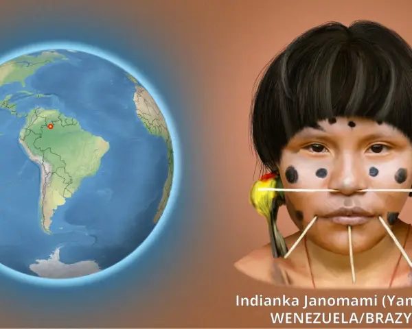 Indianie Ameryki Południowej: twarz Indianki Janomami z Wenezueli/Brazylii, ozdobiona malowidłami i patyczkami, obok globus z zaznaczonym regionem.