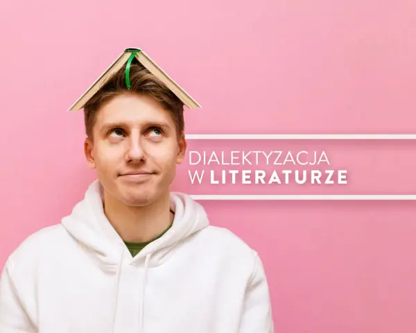 Młody mężczyzna z książką na głowie zastanawia się nad dialektyzacją w literaturze.