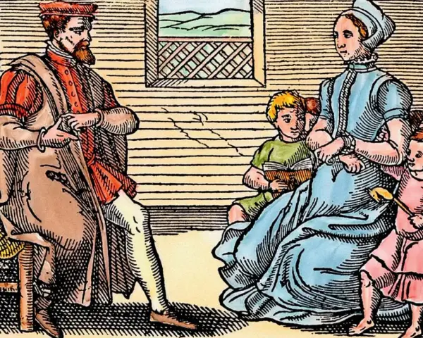 Rodzina w strojach z epoki, przykład życia zgodnego z zasadami purytanizmu. Ojciec siedzi, matka z dziećmi czyta.