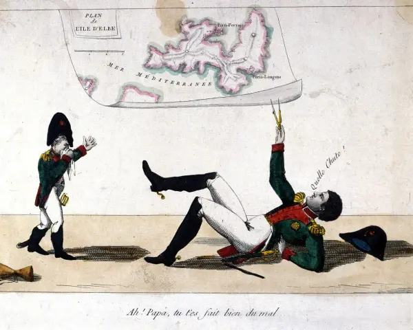 Napoleon na Elbie, upadając, trzyma cyrkiel. Obok niego mniejsza postać w mundurze.