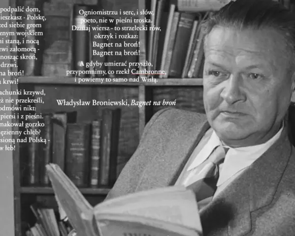 Portret Władysława Broniewskiego, poety, z fragmentami jego wiersza "Bagnet na broń".