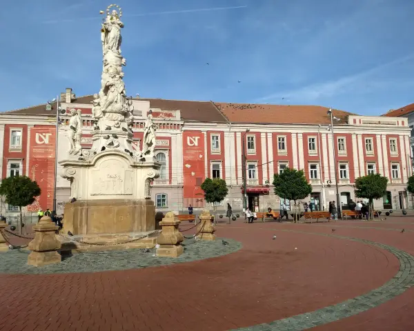 Kolumna Trójcy Świętej i zabytkowe budynki w Timișoara, tworzące urokliwe **Timișoara atrakcje**.