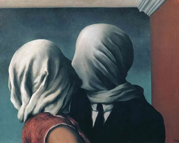 Magritte's "The Lovers" - piękne obrazy znanych malarzy, gdzie zakryte twarze symbolizują niewidzialne bariery w miłości.