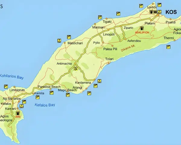 Mapa wyspy Kos z zaznaczonymi miejscowościami, plażami i zabytkami.