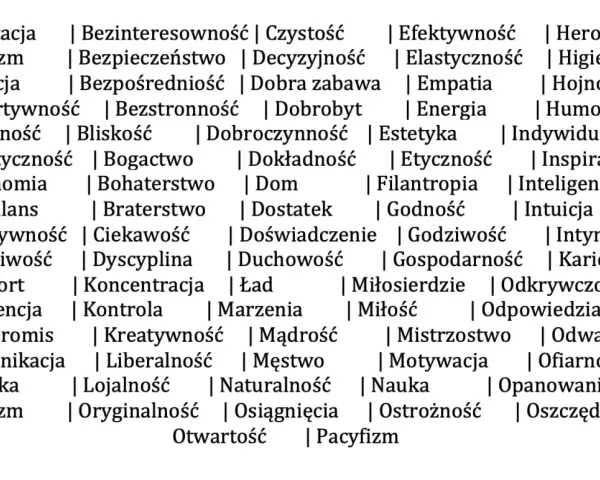 Lista wartości: akceptacja, altruizm, ambicja, asertywność, atrakcyjność, autentyczność, autonomia, balans, charytatywność, cierpliwość, komfort, kompetencja, kompromis, komunikacja, logika, optymizm, bezinteresowność, bezpieczeństwo, bezpośredniość, b...