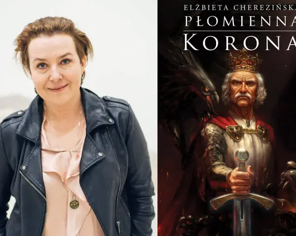 Elżbieta Cherezińska, autorka "Płomiennej Korony", obok wizerunku króla, który mógłby być polską królową wikingów.