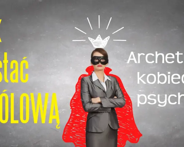Kobieta w masce i czerwonej pelerynie, symbolizująca archetypy kobiecej psychiki, z koroną nad głową.