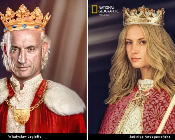 Anna Jagiellonka uroda. Królowa Jadwiga Andegaweńska z mieczem i Władysław Jagiełło w koronach.