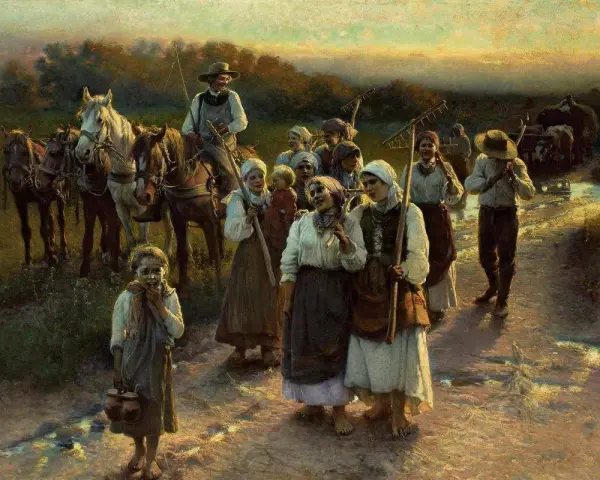 Grupa chłopów pańszczyźnianych wraca z pola. Widać konie, wozy i narzędzia rolnicze.