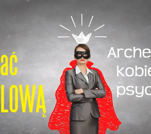 Kobieta w masce i czerwonej pelerynie, symbolizująca archetypy kobiecej psychiki, z koroną nad głową.