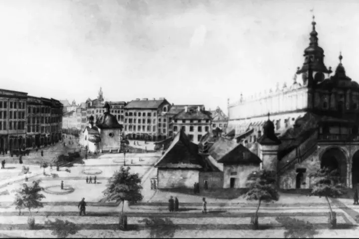 Rynek Główny w Krakowie, z Sukiennicami i Ratuszem. Obraz ukazuje tętniące życiem miasto, które od wieków fascynuje. Ile lat ma Kraków? Tysiąc!