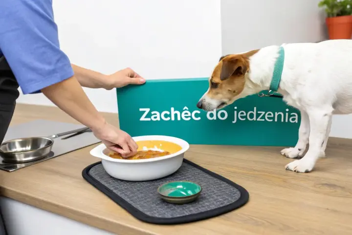 Piesek czeka na jedzenie, a na zielonym znaku widnieje napis "Zachęć do jedzenia".
