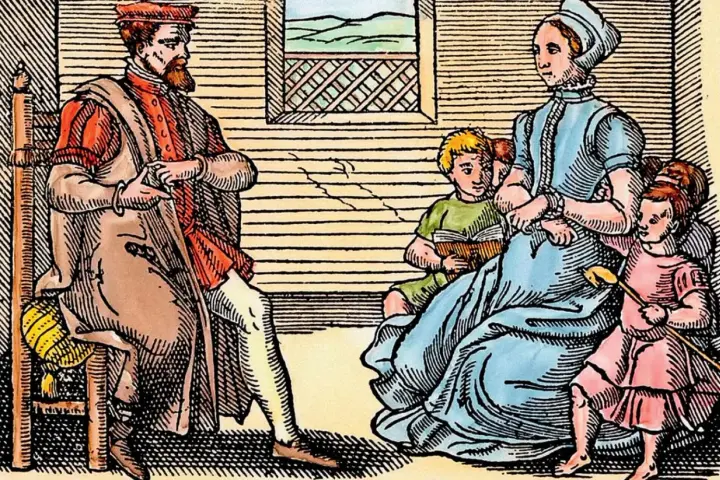 Rodzina w strojach z epoki, przykład życia zgodnego z zasadami purytanizmu. Ojciec siedzi, matka z dziećmi czyta.