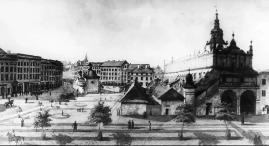 Rynek Główny w Krakowie, z Sukiennicami i Ratuszem. Obraz ukazuje tętniące życiem miasto, które od wieków fascynuje. Ile lat ma Kraków? Tysiąc!