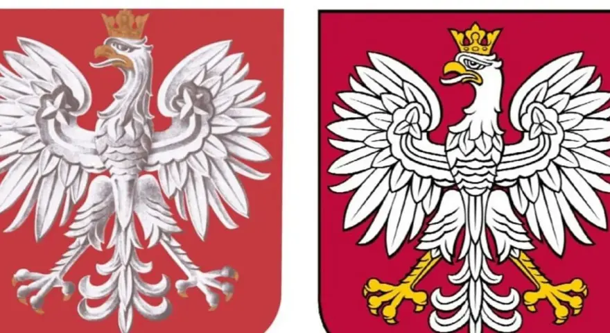 Dwa godła Polski: starsze, bardziej stylizowane, obok nowszego, z wyraźniejszymi konturami i złotymi szponami.