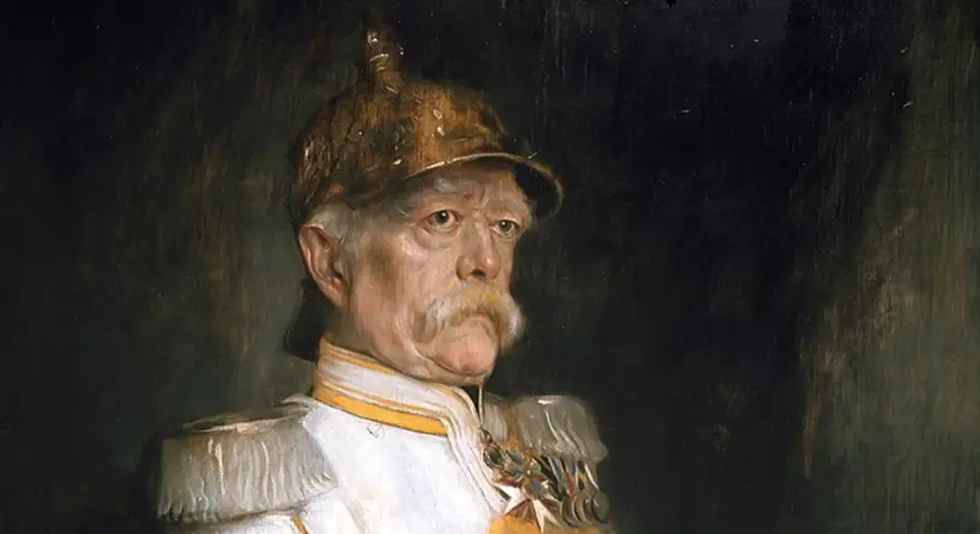 Portret wojskowy przedstawiający Ottona von Bismarcka w mundurze z odznaczeniami. Kim był Otto von Bismarck? Żelazny Kanclerz, zjednoczył Niemcy.