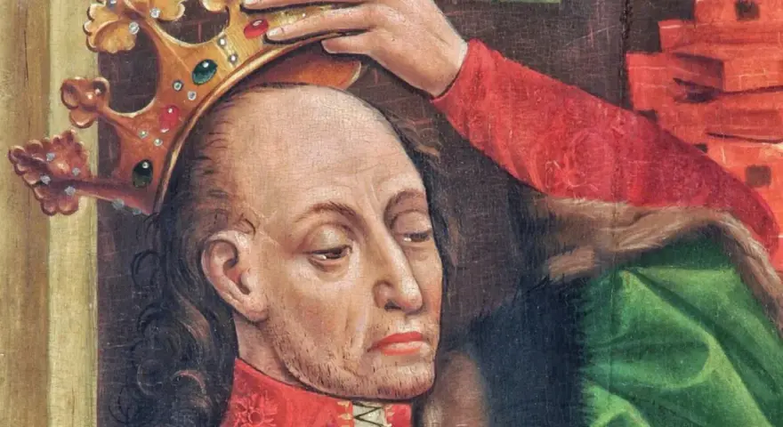 Władysław Jagiełło, z koroną na głowie, w otoczeniu symboli władzy. Choć jego dzieci nie są widoczne, obraz sugeruje przyszłość dynastii.