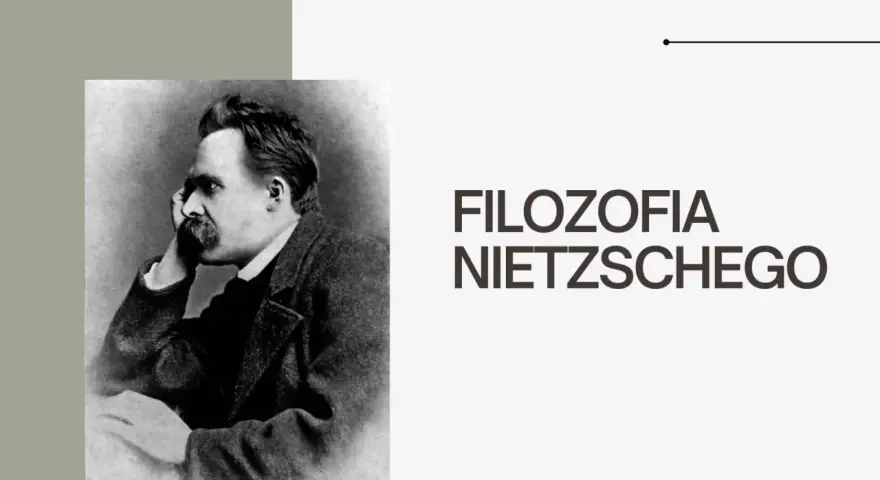 Portret Fryderyka Nietzschego, zamyślonego, z dłonią przy policzku. Obok napis "FILOZOFIA NIETZSCHEGO", wprowadzający w jego założenia.