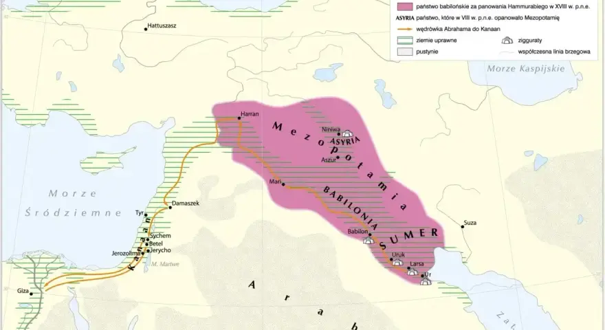 Mapa Mezopotamii, ukazująca Sumer – najstarszą cywilizację, oraz szlak wędrówki Abrahama.