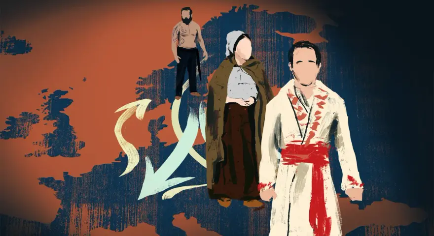 Ilustracja przedstawia migracje ludów indoeuropejskich przez Europę, z zaznaczonymi postaciami i strzałkami wskazującymi kierunki wędrówek.