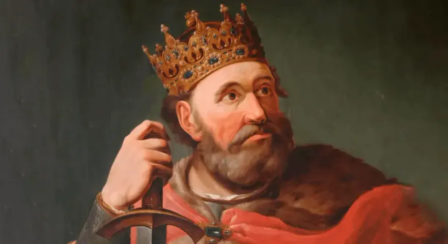 Portret Bolesława Chrobrego w koronie i z mieczem. To właśnie on, co zrobił Bolesław Chrobry, umocnił państwo polskie.