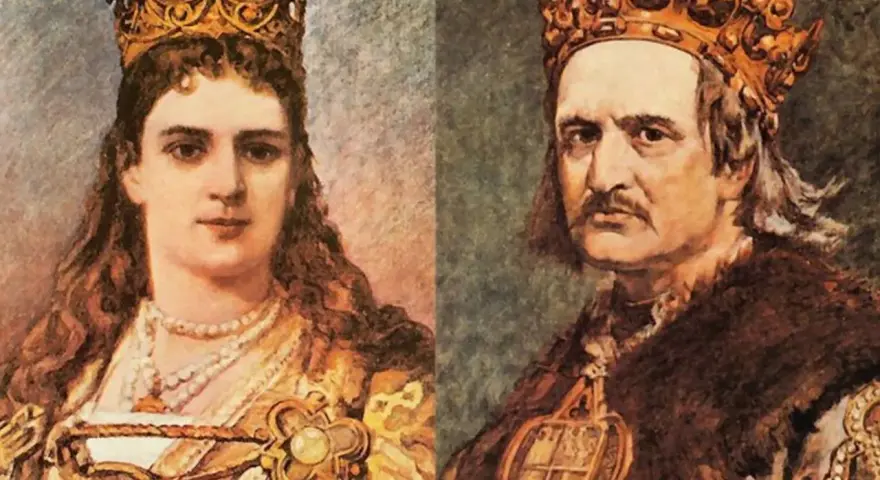 Portret królowej Jadwigi i króla Jagiełły. Królowa Jadwiga miała 25 lat, gdy urodziła dziecko.