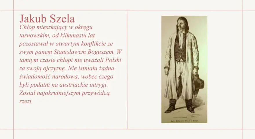 Jakub Szela, chłop z okolic Tarnowa, w konflikcie z panem. Brak świadomości narodowej i podatność na intrygi austriackie to przyczyny rabacji galicyjskiej.