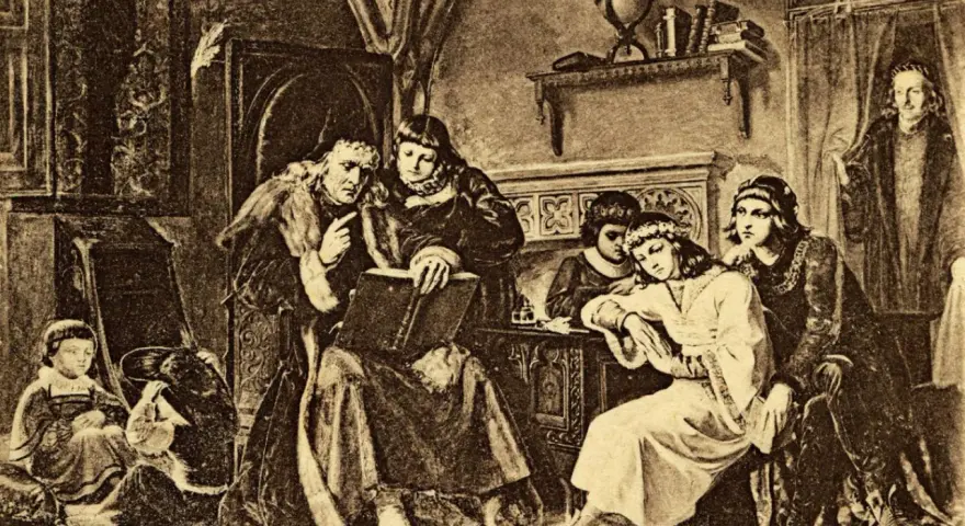 Kazimierz IV Jagiellończyk z dziećmi w komnacie. Król czyta księgę, dzieci słuchają.