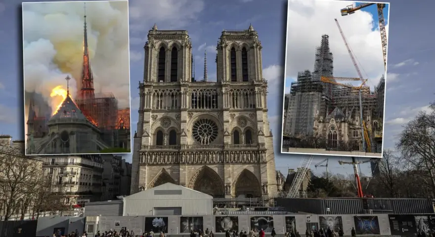 Notre Dame przed i po pożarze: płonąca iglica i odbudowa z rusztowaniami.